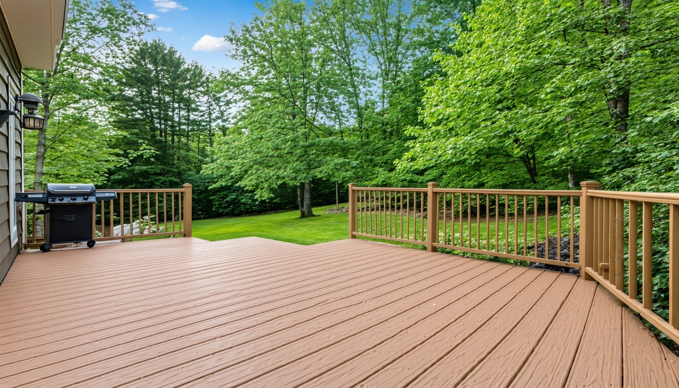 Beautifully crafted wooden deck overlooking a serene backyard.